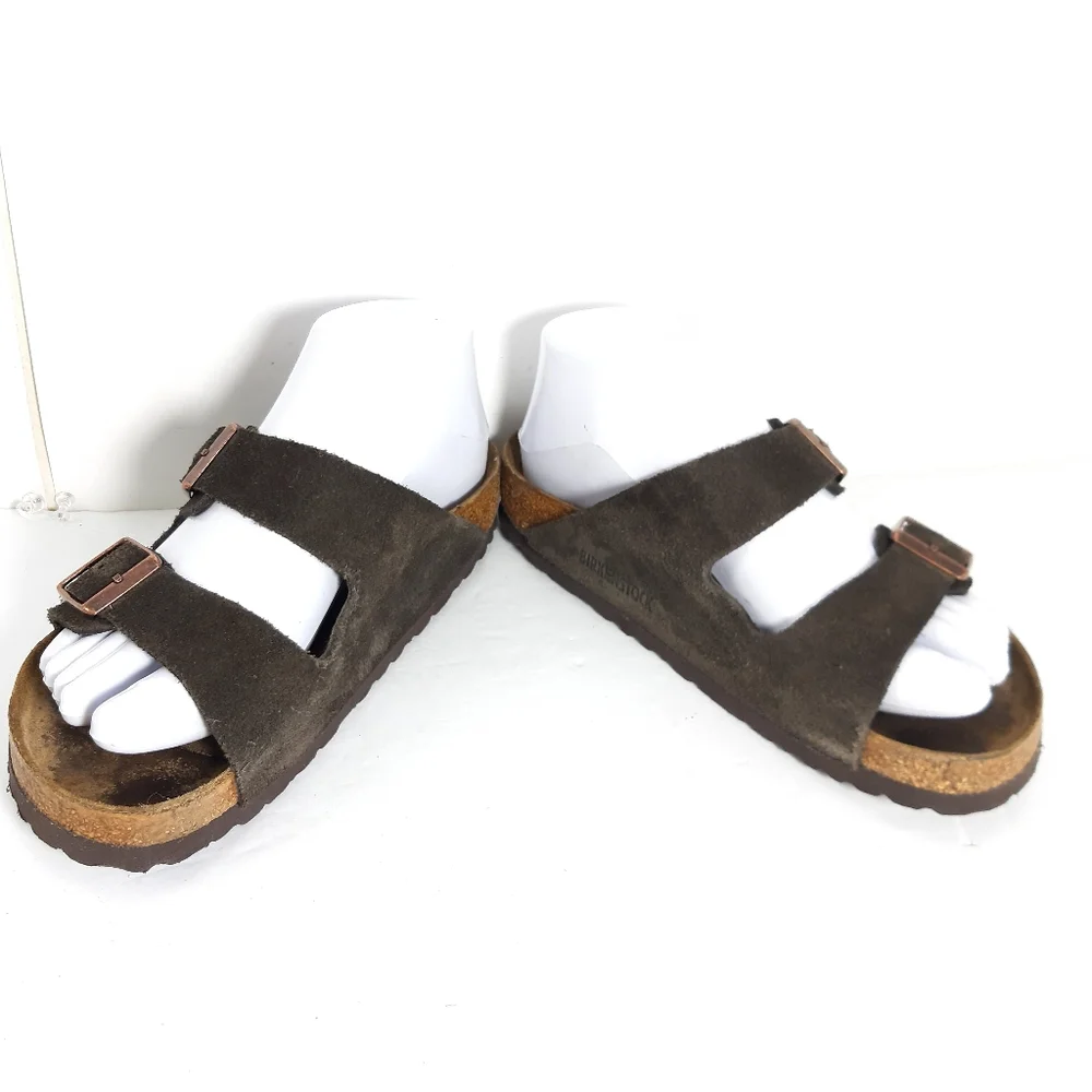 BIRKENSTOCK  women's Arizona Birko-Flor Nubuck Mocha Two-Strap Sandals EU36 Us5_6